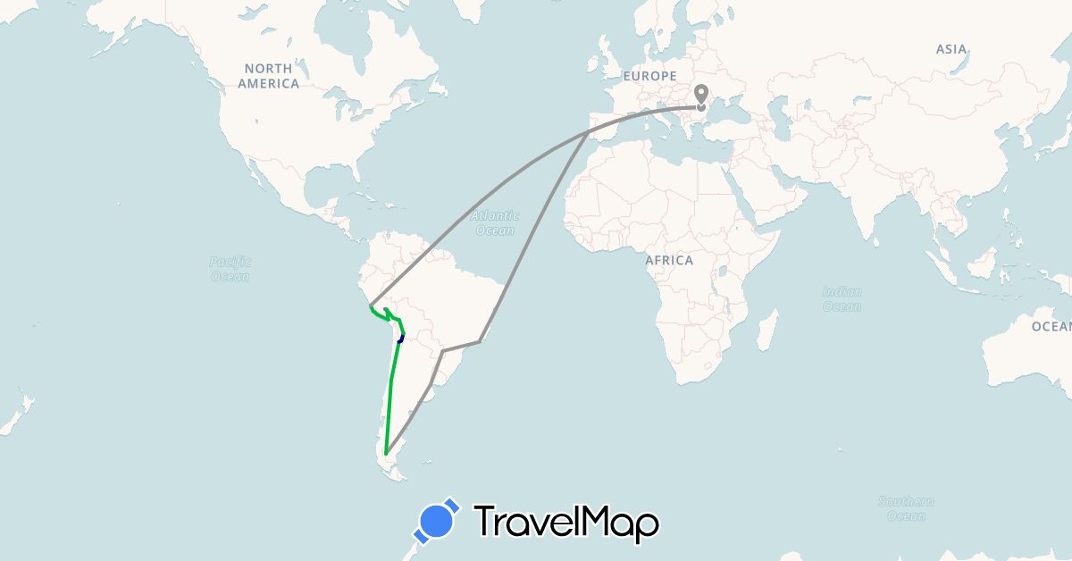 TravelMap itinerary: driving, bus, plane, train, hiking in Argentina, Bolivia, Brazil, Chile, Spain, Peru, Portugal, Romania (Europe, South America)